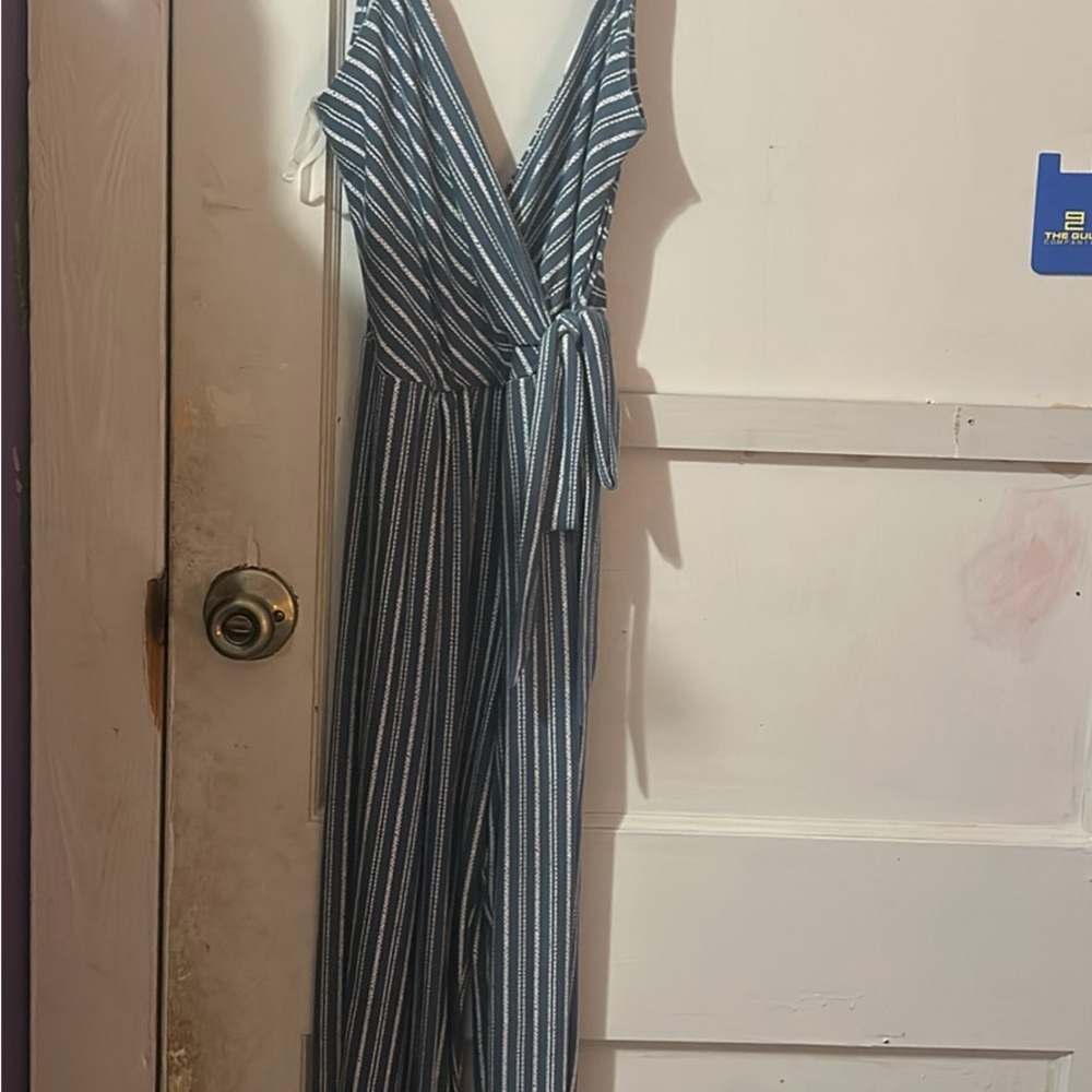 blue and white striped jumpsuit